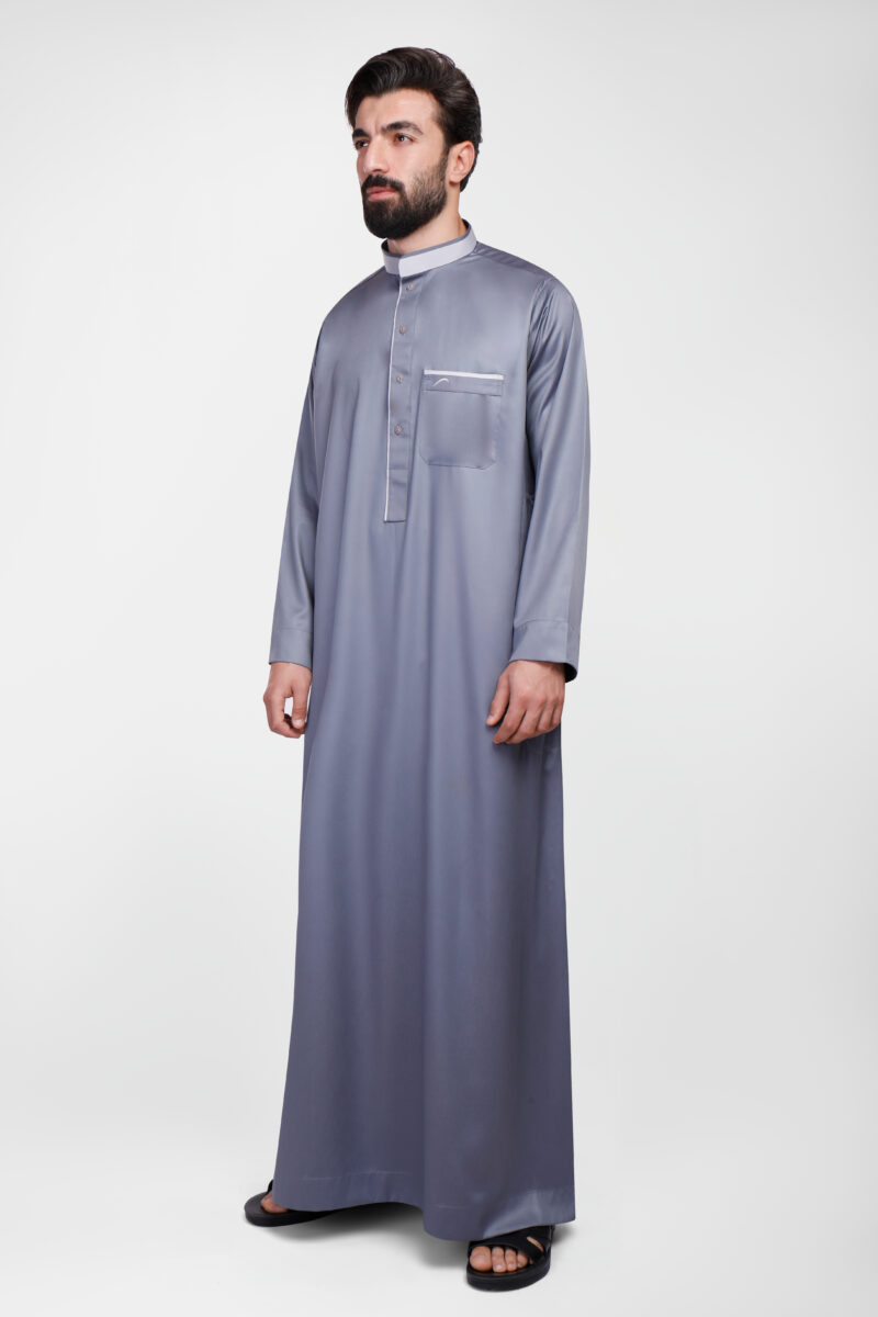 Ikaf Blue Shiny Polyester Jalabiya Shine Long Sleeve Button for Men Q