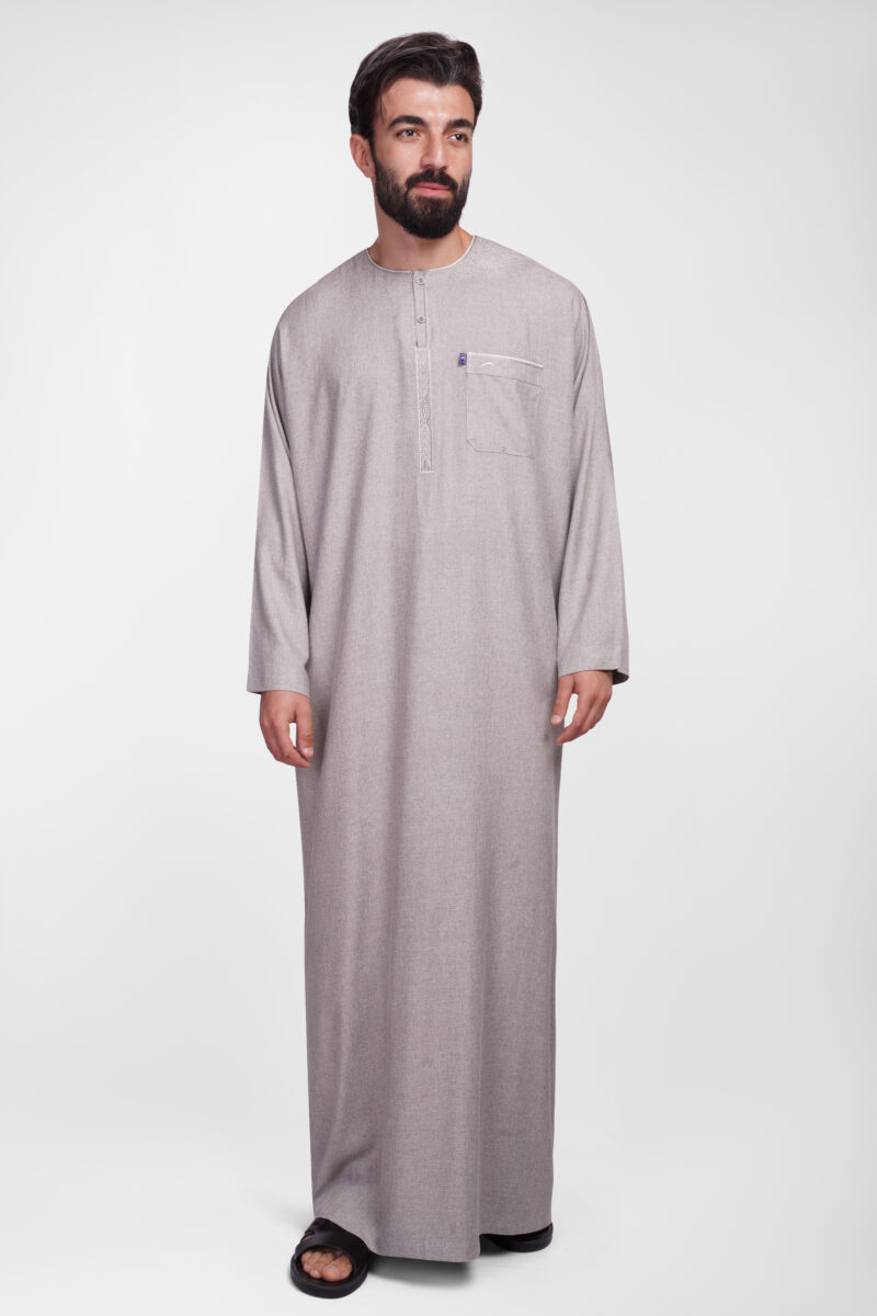 Ikaf Blue Elegant Linen Jalabiya Long Sleeve Embroidered Button for Men B4100