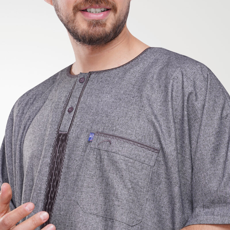 Ikaf Blue Jalabiya for men, fine linen, half sleeves, embroidered button for men, F4813