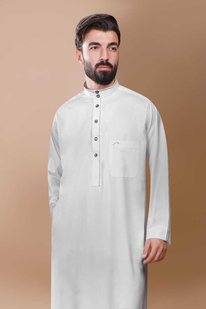 Ikaf Blue Shiny Polyester Jalabiya with Embroidered Button Sleeve for Men P1001